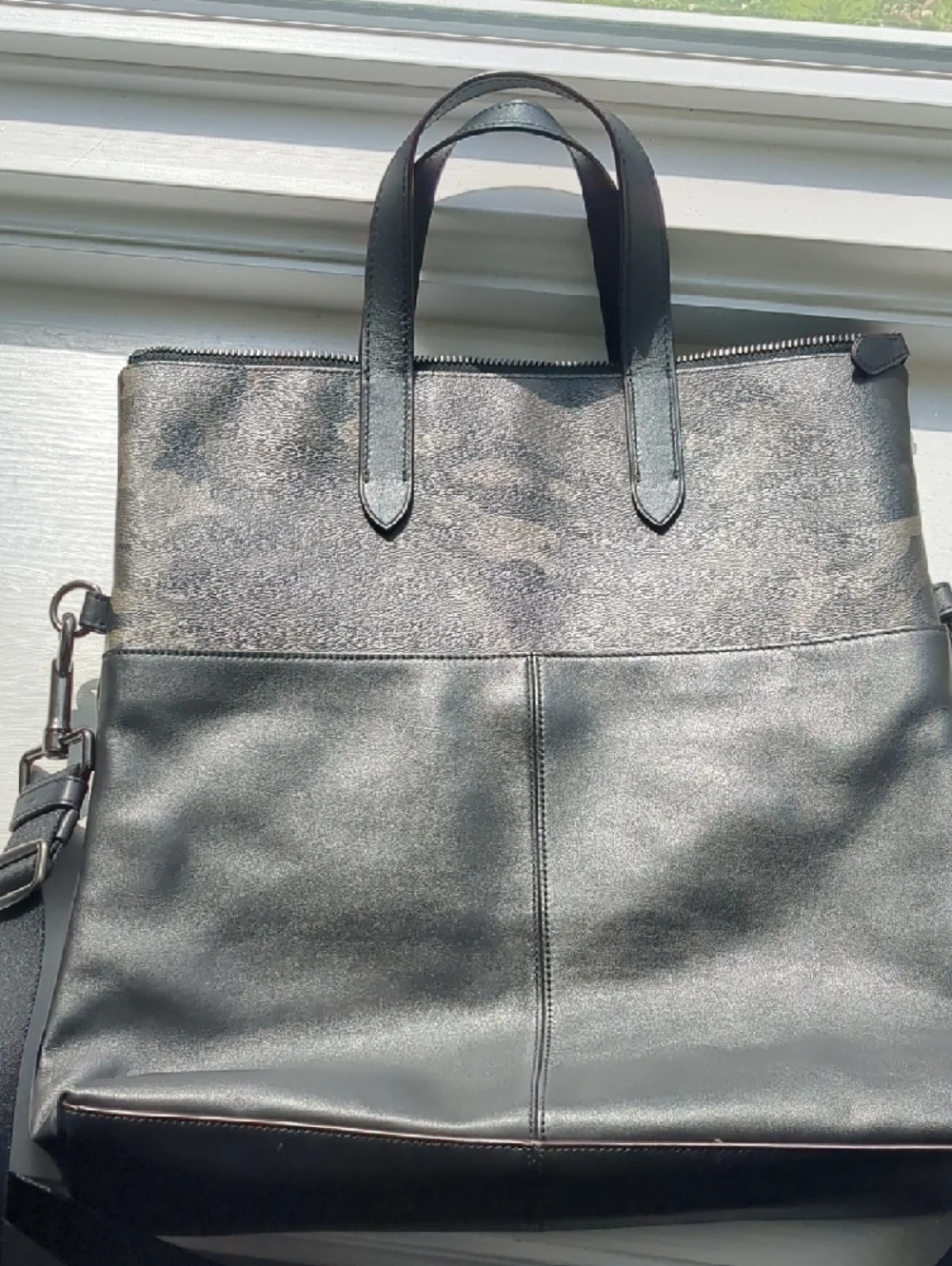 Coach Graham Foldover Black Leather & Camo Convertible Tote